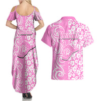 Hawaii Kauai Island Couples Matching Summer Maxi Dress and Hawaiian Shirt Hibiscus Pattern Seamless Tribal Simple Pink LT03 - Polynesian Pride