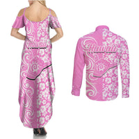 Hawaii Kauai Island Couples Matching Summer Maxi Dress and Long Sleeve Button Shirts Hibiscus Pattern Seamless Tribal Simple Pink LT03 - Polynesian Pride