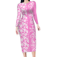Hawaii Kauai Island Family Matching Long Sleeve Bodycon Dress and Hawaiian Shirt Hibiscus Pattern Seamless Tribal Simple Pink LT03 Mom's Dress Pink - Polynesian Pride