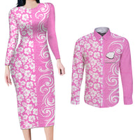 Custom Hawaii Kauai Island Couples Matching Long Sleeve Bodycon Dress and Long Sleeve Button Shirts Hibiscus Pattern Seamless Tribal Simple Pink LT03 Pink - Polynesian Pride