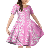 Custom Hawaii Kauai Island Family Matching Puletasi Dress and Hawaiian Shirt Hibiscus Pattern Seamless Tribal Simple Pink LT03 Daughter's Dress Pink - Polynesian Pride