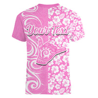 Custom Hawaii Kauai Island Women V Neck T Shirt Hibiscus Pattern Seamless Tribal Simple Pink LT03 - Polynesian Pride