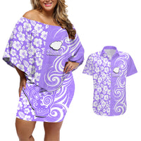 Hawaii Kauai Island Couples Matching Off Shoulder Short Dress and Hawaiian Shirt Hibiscus Pattern Seamless Tribal Simple Purple LT03 Purple - Polynesian Pride