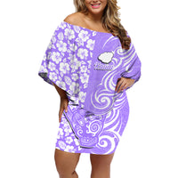 Hawaii Kauai Island Family Matching Off Shoulder Short Dress and Hawaiian Shirt Hibiscus Pattern Seamless Tribal Simple Purple LT03 Mom's Dress Purple - Polynesian Pride