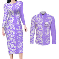 Custom Hawaii Kauai Island Couples Matching Long Sleeve Bodycon Dress and Long Sleeve Button Shirts Hibiscus Pattern Seamless Tribal Simple Purple LT03 Purple - Polynesian Pride