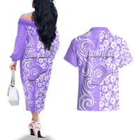 Custom Hawaii Kauai Island Couples Matching Off The Shoulder Long Sleeve Dress and Hawaiian Shirt Hibiscus Pattern Seamless Tribal Simple Purple LT03 - Polynesian Pride