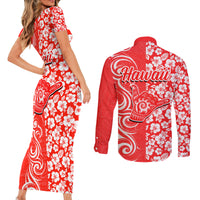 Hawaii Kauai Island Couples Matching Short Sleeve Bodycon Dress and Long Sleeve Button Shirts Hibiscus Pattern Seamless Tribal Simple Red LT03 - Polynesian Pride