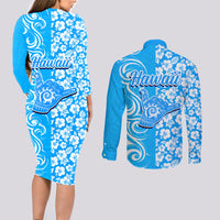 Hawaii Kauai Island Couples Matching Long Sleeve Bodycon Dress and Long Sleeve Button Shirts Hibiscus Pattern Seamless Tribal Simple Blue LT03 - Polynesian Pride