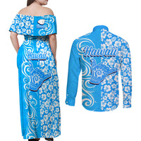 Hawaii Kauai Island Couples Matching Off Shoulder Maxi Dress and Long Sleeve Button Shirts Hibiscus Pattern Seamless Tribal Simple Blue LT03 - Polynesian Pride