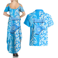 Hawaii Kauai Island Couples Matching Summer Maxi Dress and Hawaiian Shirt Hibiscus Pattern Seamless Tribal Simple Blue LT03 - Polynesian Pride