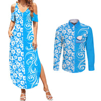 Hawaii Kauai Island Couples Matching Summer Maxi Dress and Long Sleeve Button Shirts Hibiscus Pattern Seamless Tribal Simple Blue LT03 Blue - Polynesian Pride