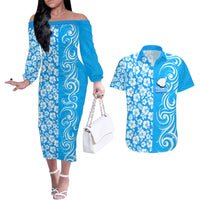 Custom Hawaii Kauai Island Couples Matching Off The Shoulder Long Sleeve Dress and Hawaiian Shirt Hibiscus Pattern Seamless Tribal Simple Blue LT03 Blue - Polynesian Pride