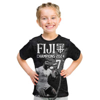 Custom Fiji Rugby Pacific Champions 2024 Kid T Shirt Anniversary 7 Titles - Fijians Rugby and Tapa Hibiscus Black Art LT03 Black - Polynesian Pride