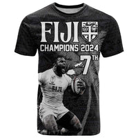 Custom Fiji Rugby Pacific Champions 2024 T Shirt Anniversary 7 Titles - Fijians Rugby and Tapa Hibiscus Black Art LT03 Black - Polynesian Pride