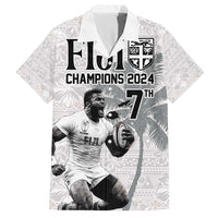 Custom Fiji Rugby Pacific Champions 2024 Family Matching Short Sleeve Bodycon Dress and Hawaiian Shirt Anniversary 7 Titles - Fijians Rugby and Tapa Hibiscus White Art