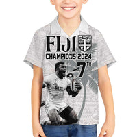 Custom Fiji Rugby Pacific Champions 2024 Family Matching Short Sleeve Bodycon Dress and Hawaiian Shirt Anniversary 7 Titles - Fijians Rugby and Tapa Hibiscus White Art