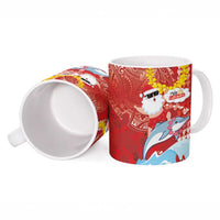 Hawaiian Mele Kalikimaka Ceramic Mug Funny Santa Riding Lei Dolphin with Kakau Tattoos - Polynesian Pride