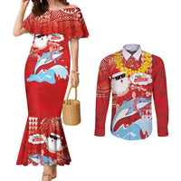 Hawaiian Mele Kalikimaka Couples Matching Mermaid Dress and Long Sleeve Button Shirt Funny Santa Riding Lei Dolphin with Kakau Tattoos - Polynesian Pride