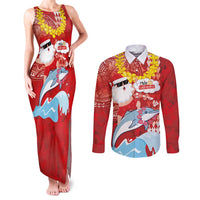 Hawaiian Mele Kalikimaka Couples Matching Tank Maxi Dress and Long Sleeve Button Shirt Funny Santa Riding Lei Dolphin with Kakau Tattoos - Polynesian Pride