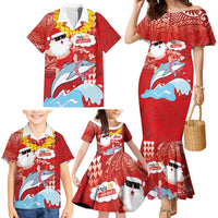 Hawaiian Mele Kalikimaka Family Matching Mermaid Dress and Hawaiian Shirt Funny Santa Riding Lei Dolphin with Kakau Tattoos - Polynesian Pride