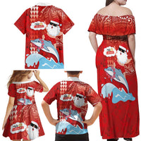Hawaiian Mele Kalikimaka Family Matching Off Shoulder Maxi Dress and Hawaiian Shirt Funny Santa Riding Lei Dolphin with Kakau Tattoos - Polynesian Pride
