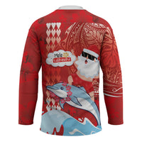 Hawaiian Mele Kalikimaka Hockey Jersey Funny Santa Riding Lei Dolphin with Kakau Tattoos - Polynesian Pride
