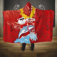 Hawaiian Mele Kalikimaka Hooded Blanket Funny Santa Riding Lei Dolphin with Kakau Tattoos - Polynesian Pride