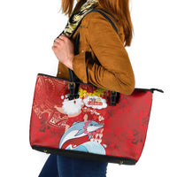 Hawaiian Mele Kalikimaka Leather Tote Bag Funny Santa Riding Lei Dolphin with Kakau Tattoos - Polynesian Pride