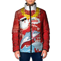 Hawaiian Mele Kalikimaka Padded Jacket Funny Santa Riding Lei Dolphin with Kakau Tattoos - Polynesian Pride