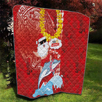 Hawaiian Mele Kalikimaka Quilt Funny Santa Riding Lei Dolphin with Kakau Tattoos - Polynesian Pride