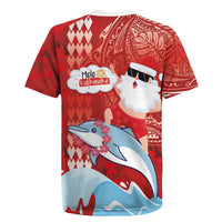 Hawaiian Mele Kalikimaka Rugby Jersey Funny Santa Riding Lei Dolphin with Kakau Tattoos - Polynesian Pride