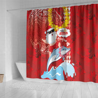 Hawaiian Mele Kalikimaka Shower Curtain Funny Santa Riding Lei Dolphin with Kakau Tattoos - Polynesian Pride