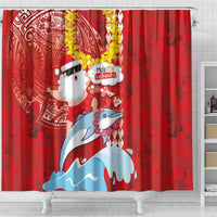 Hawaiian Mele Kalikimaka Shower Curtain Funny Santa Riding Lei Dolphin with Kakau Tattoos - Polynesian Pride