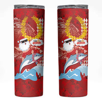 Hawaiian Mele Kalikimaka Skinny Tumbler Funny Santa Riding Lei Dolphin with Kakau Tattoos - Polynesian Pride