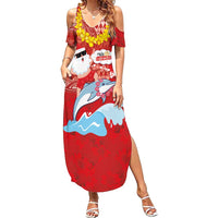 Hawaiian Mele Kalikimaka Summer Maxi Dress Funny Santa Riding Lei Dolphin with Kakau Tattoos - Polynesian Pride