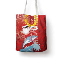 Hawaiian Mele Kalikimaka Tote Bag Funny Santa Riding Lei Dolphin with Kakau Tattoos - Polynesian Pride