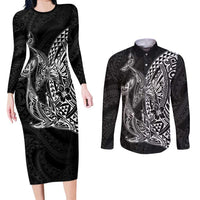 Hawaiian Whales Polynesian Art Motifs Couples Matching Long Sleeve Bodycon Dress and Long Sleeve Button Shirt Black Color - Polynesian Pride