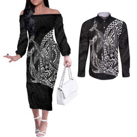 Hawaiian Whales Polynesian Art Motifs Couples Matching Off The Shoulder Long Sleeve Dress and Long Sleeve Button Shirt Black Color - Polynesian Pride