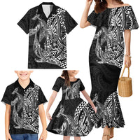 Hawaiian Whales Polynesian Art Motifs Family Matching Mermaid Dress and Hawaiian Shirt Black Color - Polynesian Pride