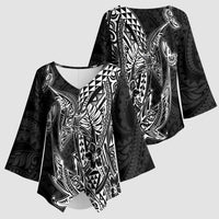 Hawaiian Whales Polynesian Art Motifs Kimono Sleeve Blouse Black Color - Polynesian Pride