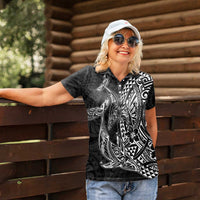Hawaiian Whales Polynesian Art Motifs Women Polo Shirt Black Color - Polynesian Pride