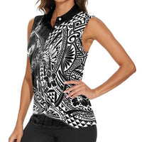 Hawaiian Whales Polynesian Art Motifs Women Sleeveless Polo Shirt Black Color - Polynesian Pride