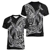 Hawaiian Whales Polynesian Art Motifs Women V-Neck T-Shirt Black Color - Polynesian Pride