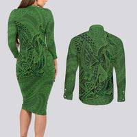 Hawaiian Whales Polynesian Art Motifs Couples Matching Long Sleeve Bodycon Dress and Long Sleeve Button Shirt Green Color - Polynesian Pride