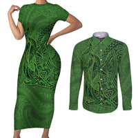Hawaiian Whales Polynesian Art Motifs Couples Matching Short Sleeve Bodycon Dress and Long Sleeve Button Shirt Green Color - Polynesian Pride
