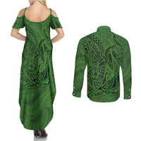 Hawaiian Whales Polynesian Art Motifs Couples Matching Summer Maxi Dress and Long Sleeve Button Shirt Green Color - Polynesian Pride