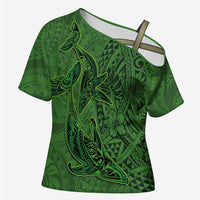 Hawaiian Whales Polynesian Art Motifs Cross Shoulder Shirt Green Color - Polynesian Pride