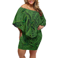 Hawaiian Whales Polynesian Art Motifs Family Matching Off Shoulder Short Dress and Hawaiian Shirt Green Color - Polynesian Pride