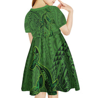 Hawaiian Whales Polynesian Art Motifs Kid Short Sleeve Dress Green Color - Polynesian Pride