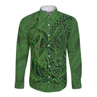 Hawaiian Whales Polynesian Art Motifs Long Sleeve Button Shirt Green Color - Polynesian Pride